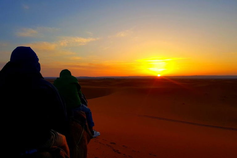 Travellers riding camels silhouetted against a sunrise over the Sahara in Morocco Travellers riding camels silhouetted against a sunrise over the Sahara in Morocco