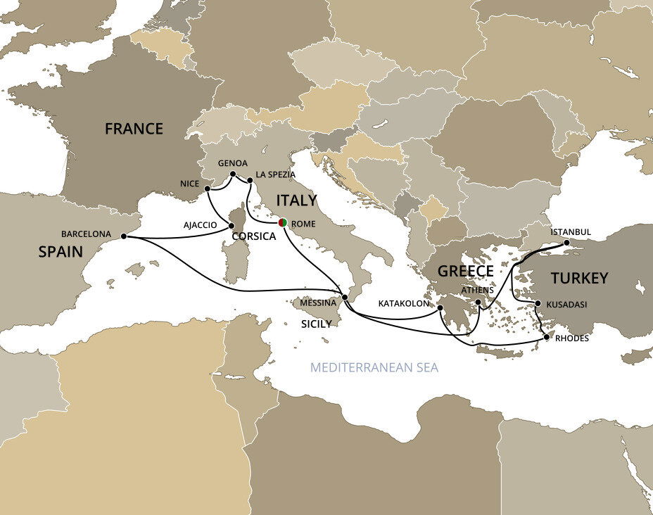 Turkey To Rome Map Mediterranean, Greece And Turkey - Cunard (21 Night Roundtrip cruise ...