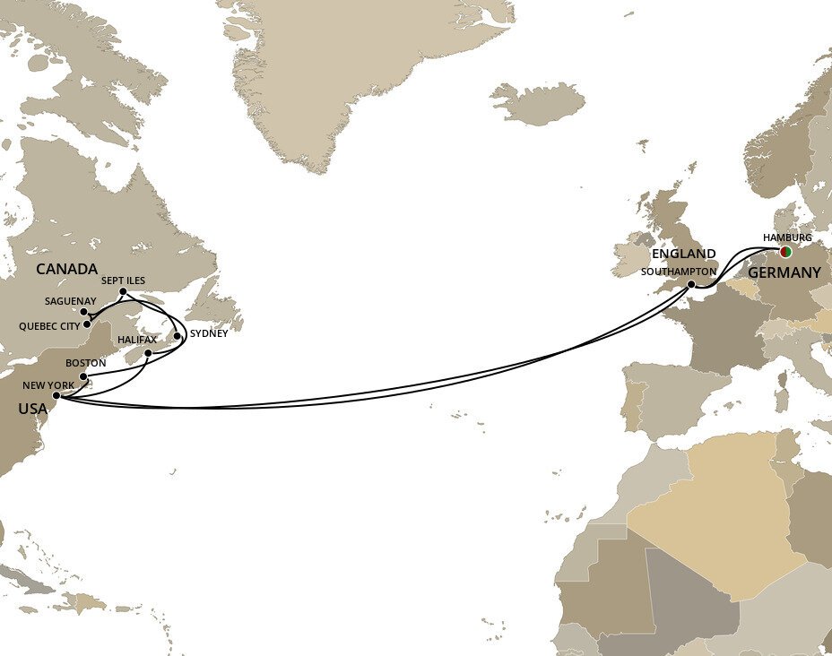 Transatlantic Crossing, New England And Canada Cunard (32 Night Map England To Canada