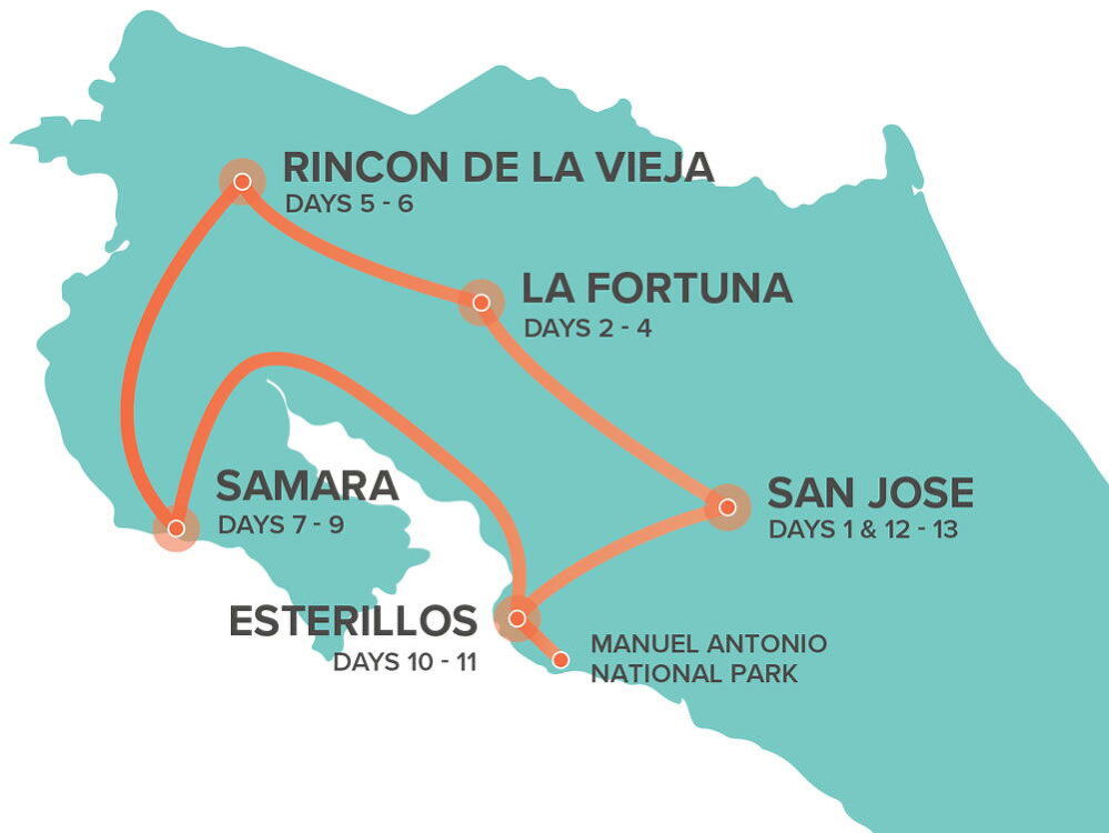 Costa Rica Adventure Map Costa Rica Adventure - Intro Travel (13 Days From San Jose to San Jose)