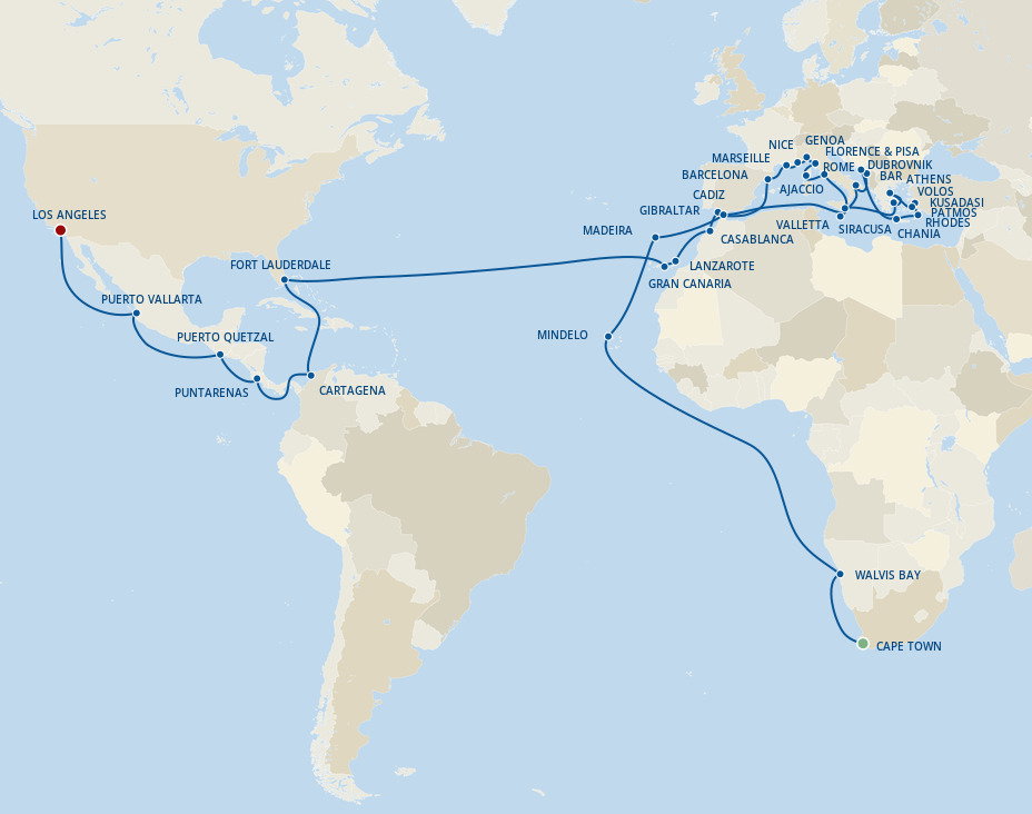 World Cruise Liner - Mediterranean, Transatlantic Crossing, Panama