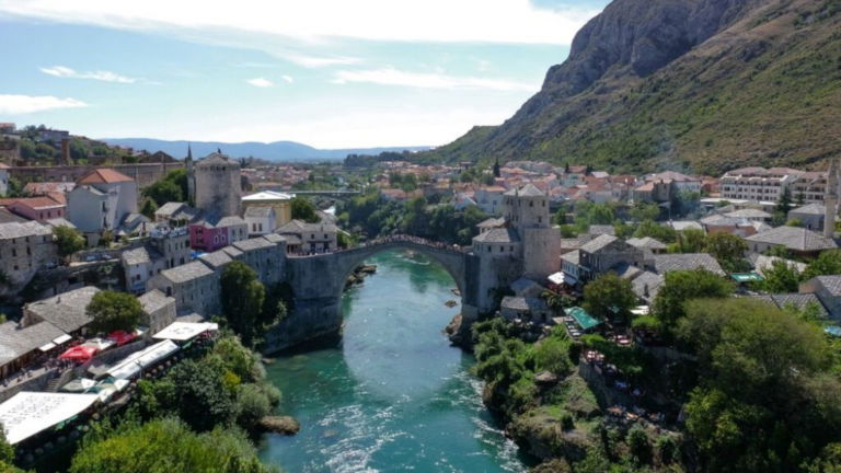 Looking toward Stari Most on the River Neretva, Mostar Bosnia Herzegovina 
