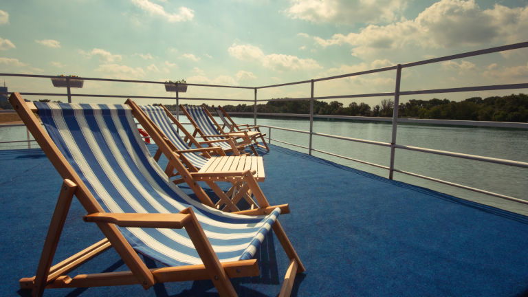 River cruise ship sun deck overlooking Danube River